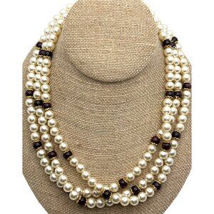 Costume White Acrylic Pearl Necklace Multi Strand Red Glass Beads Academia Retro